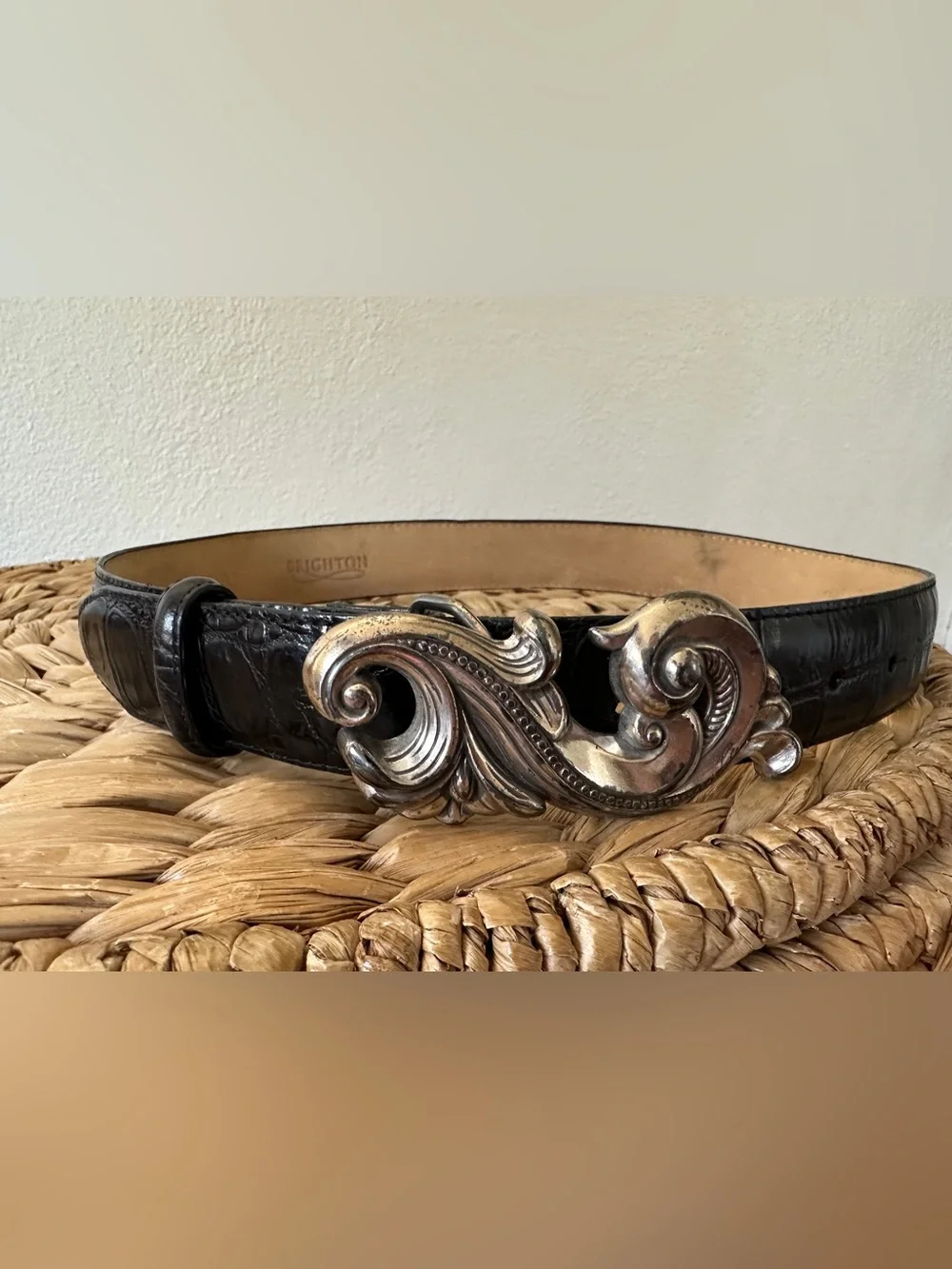 Vintage Brighton Black Croc Leather Belt Silver Swirl Buckle S